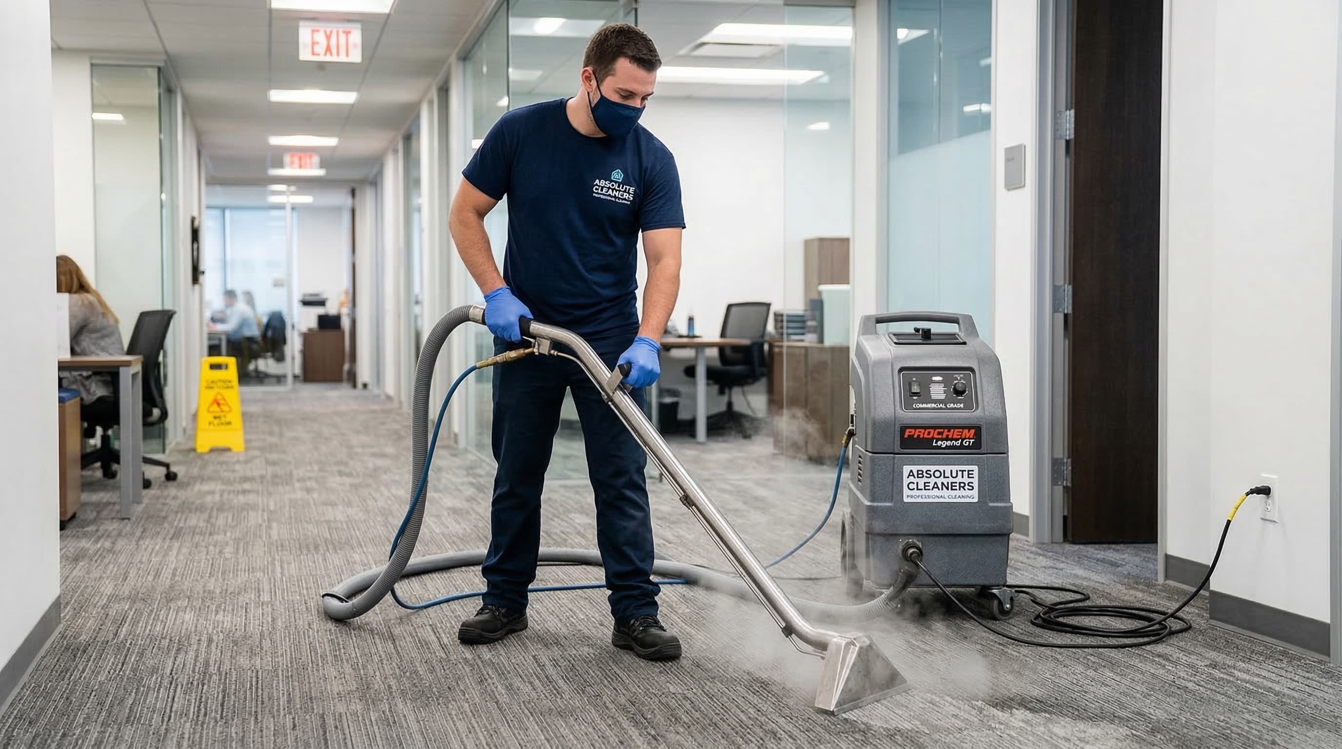 Professional carpet cleaning machine removing dirt from carpet